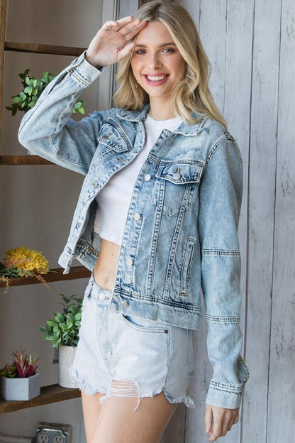 Veveret Distressed Button Up Denim Jacket Carauana Store
