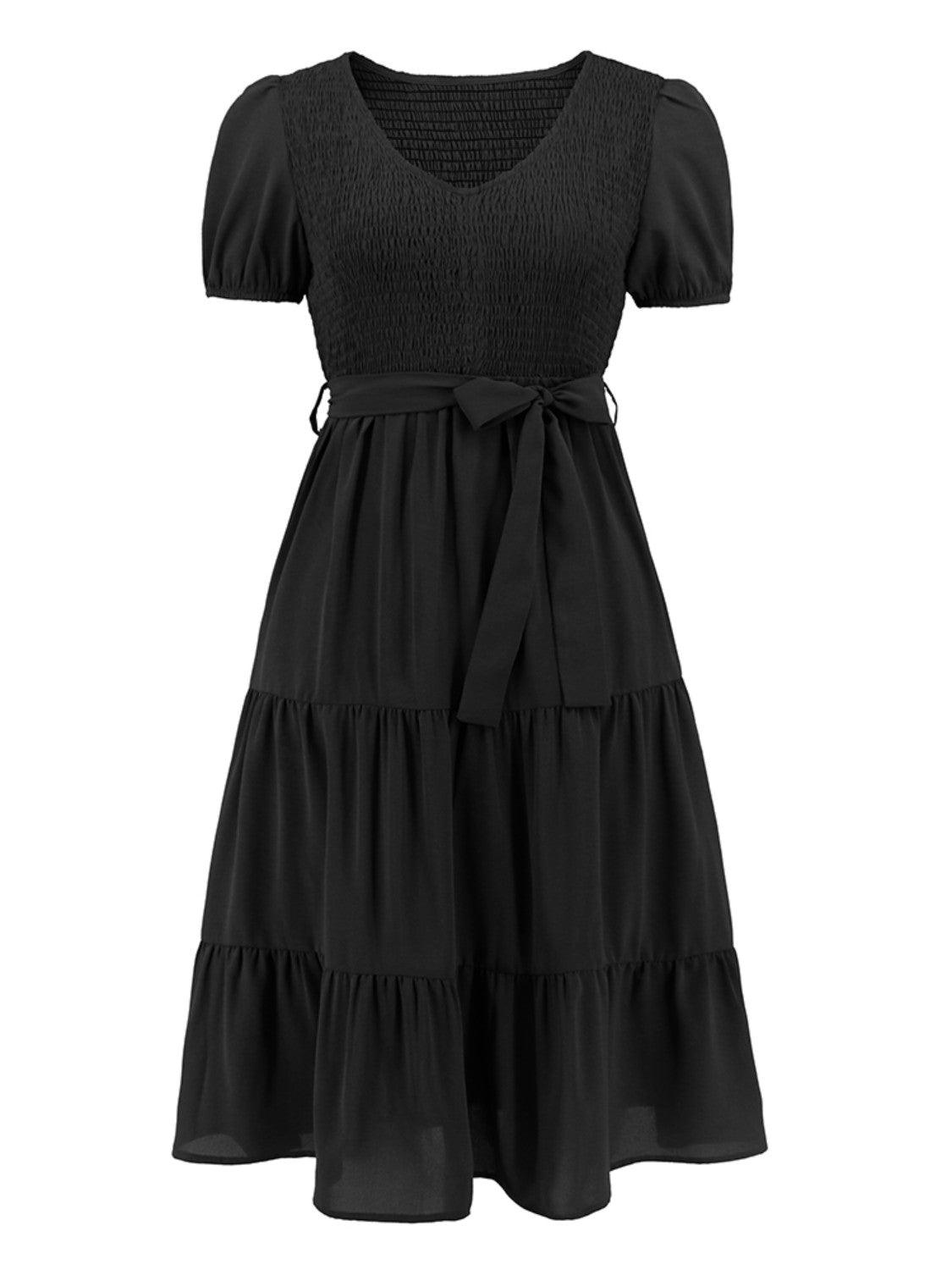 Smocked Tie Front Short Sleeve Tiered Dress Carauana Store