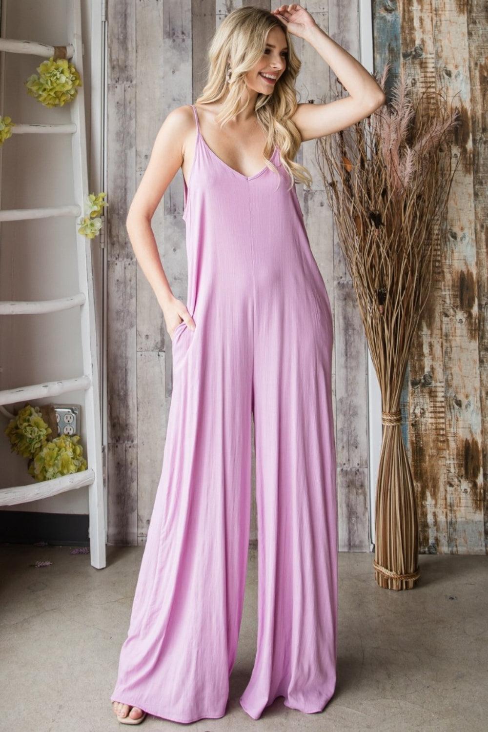 Veveret Pocketed Spaghetti Strap V-Neck Wide Leg Jumpsuit Carauana Store