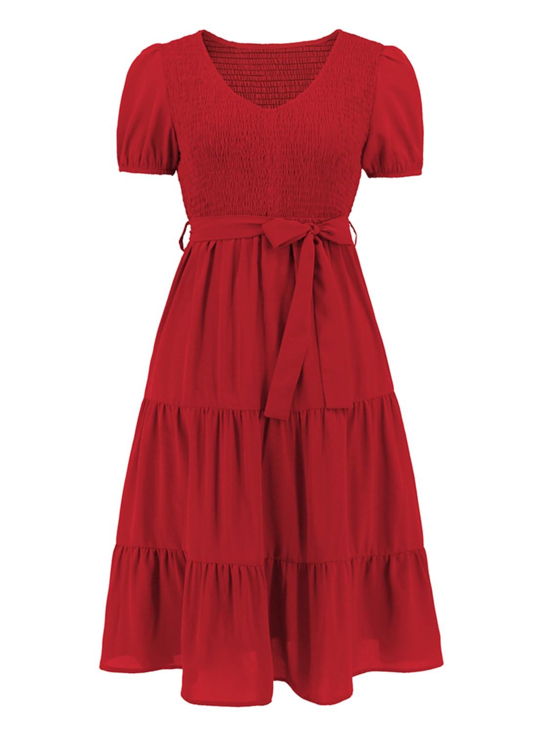 Smocked Tie Front Short Sleeve Tiered Dress Carauana Store