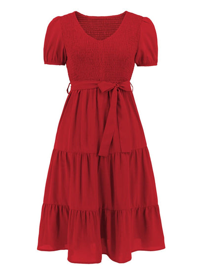 Smocked Tie Front Short Sleeve Tiered Dress Carauana Store