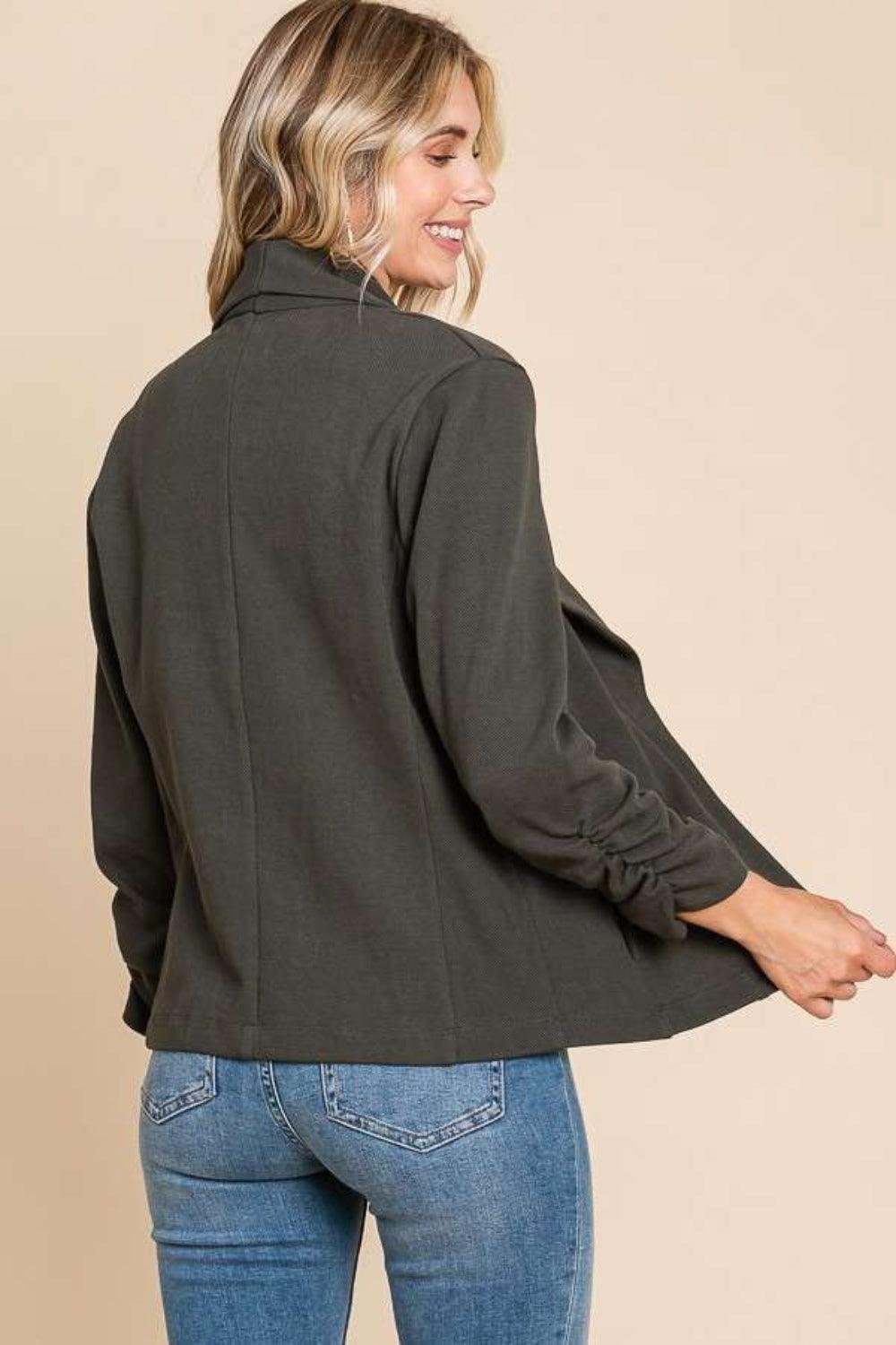 Culture Code Full Size Ruched Open Front Long Sleeve Jacket Carauana Store