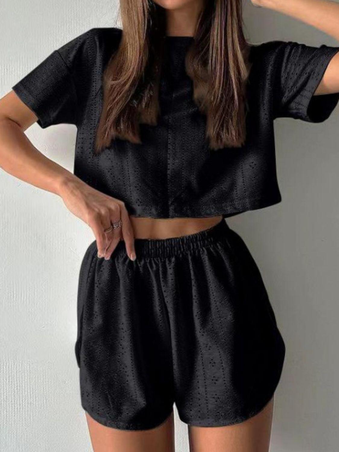 Eyelet Round Neck Top and Shorts Set Carauana Store