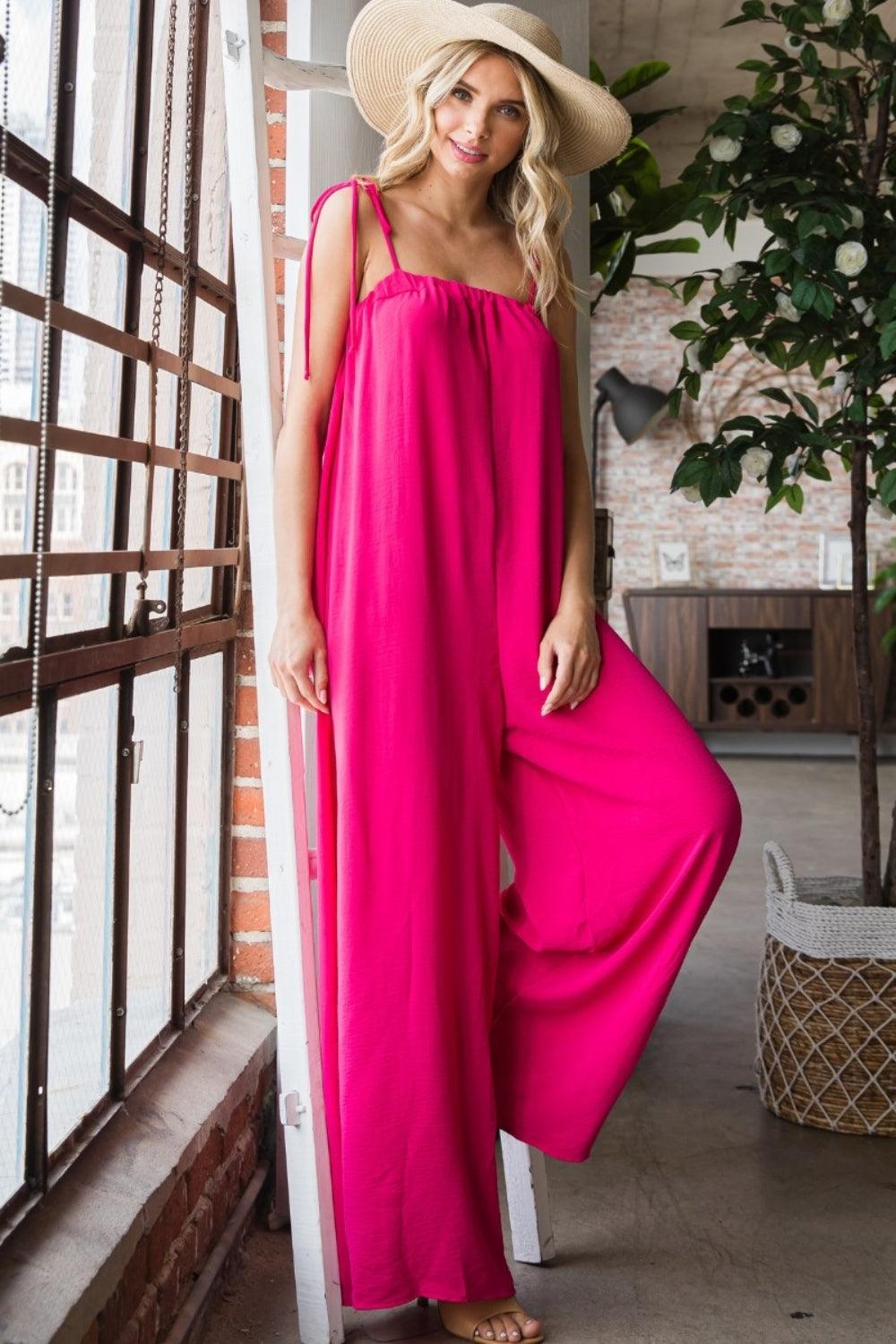 Veveret Pocketed Spaghetti Strap Wide Leg Jumpsuit Carauana Store