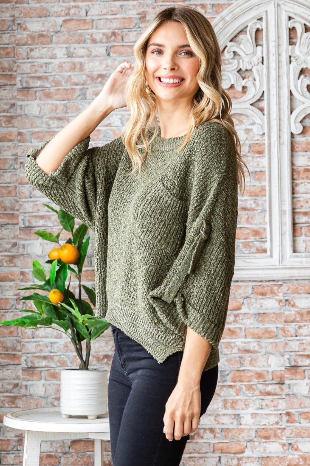 Veveret Round Neck Roll-Up Sweater Carauana Store