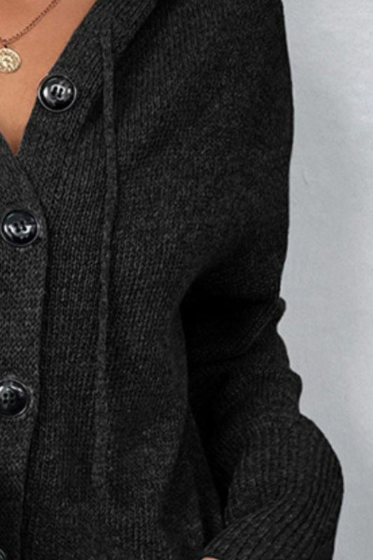 Drawstring Button Up Hooded Cardigan Carauana Store
