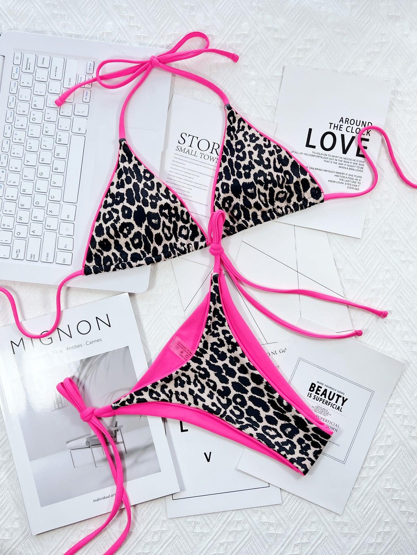 Leopard Print Halter Neck Tie Side Bikini Set Carauana Store