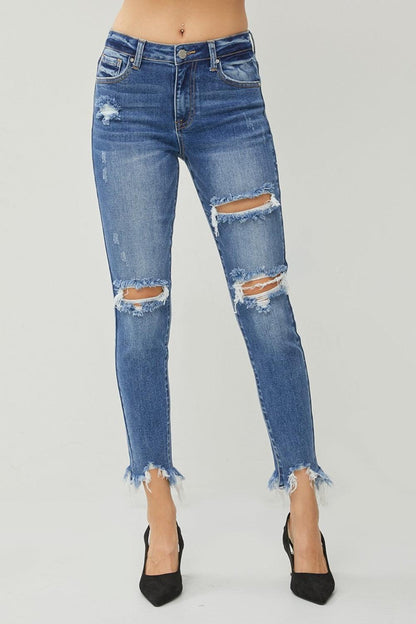RISEN Distressed Frayed Hem Slim Jeans Carauana Store