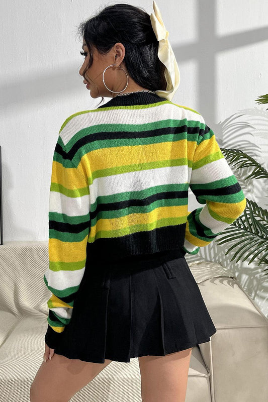 Striped Button Up Contrast Cropped Cardigan Carauana Store