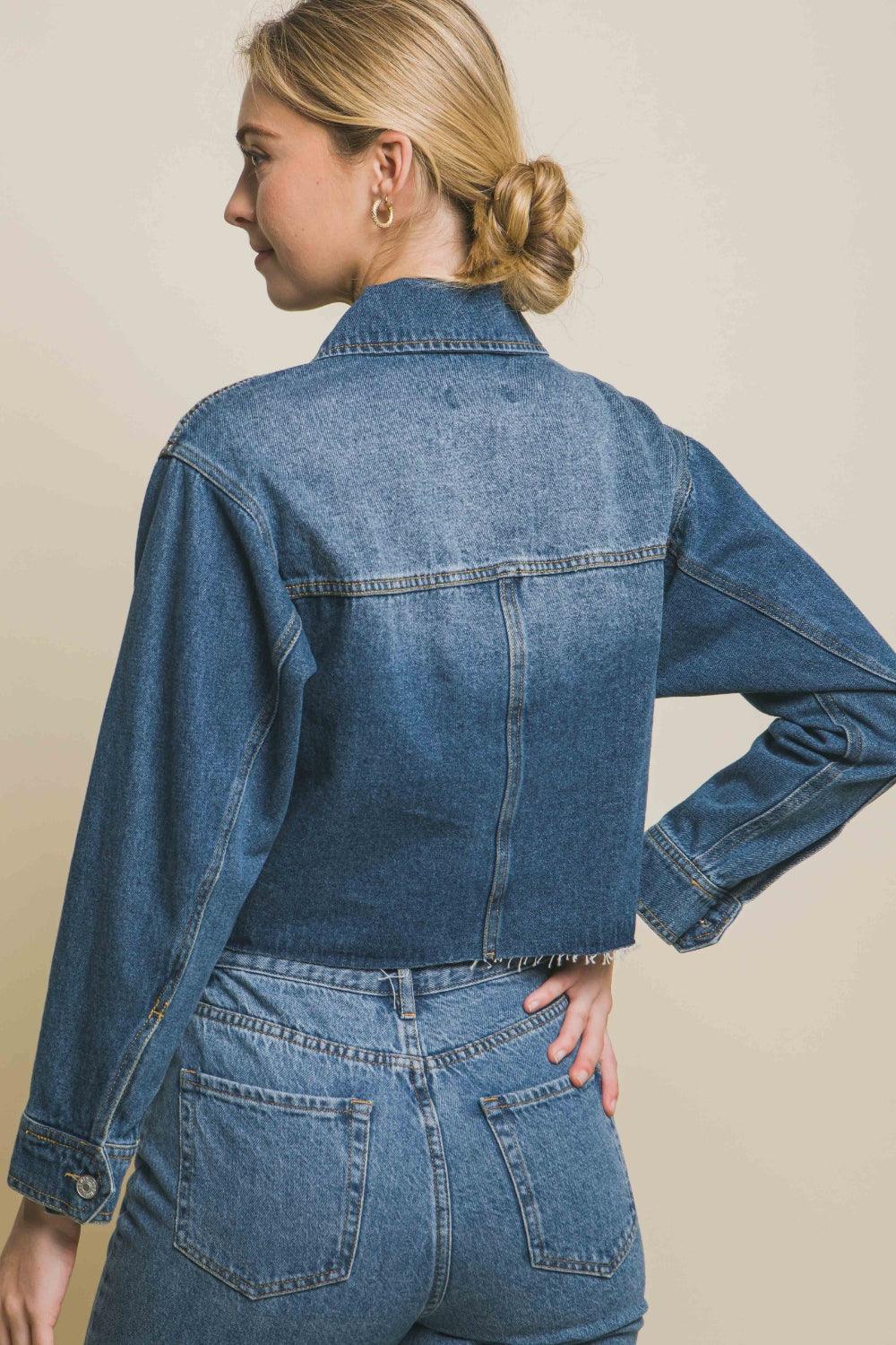 LOVE TREE Raw Hem Button Up Cropped Denim Jacket Carauana Store
