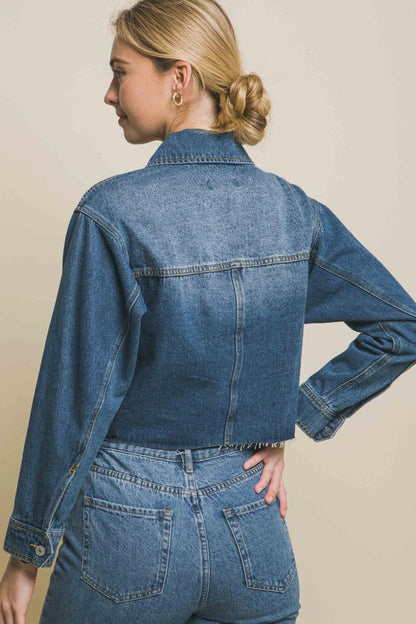 LOVE TREE Raw Hem Button Up Cropped Denim Jacket Carauana Store