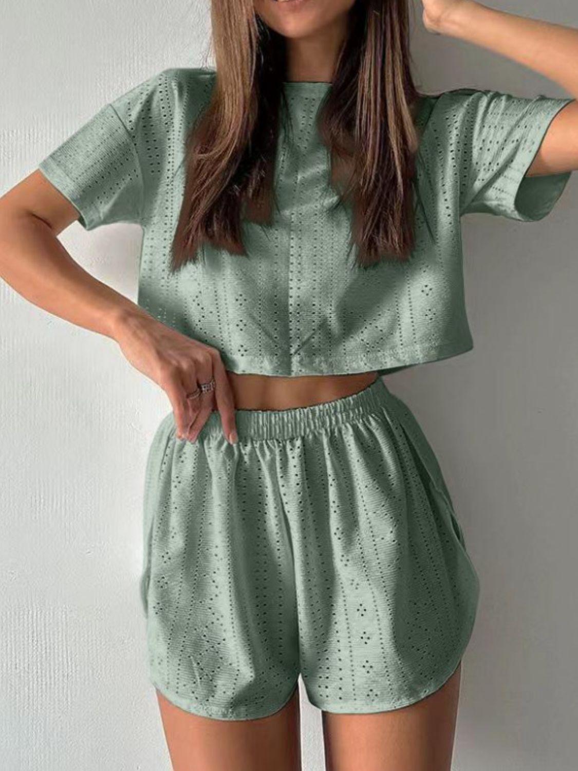 Eyelet Round Neck Top and Shorts Set Carauana Store