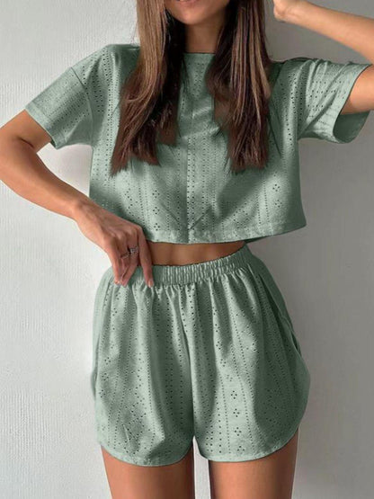 Eyelet Round Neck Top and Shorts Set Carauana Store