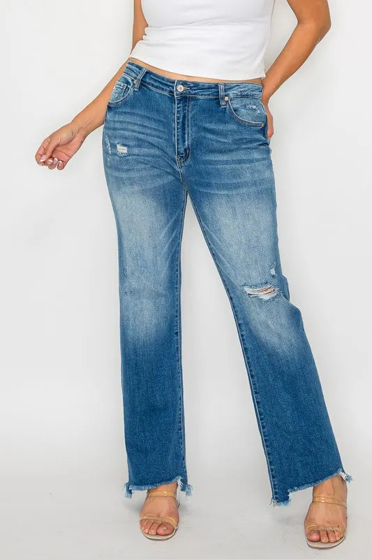 bytos Full Size Raw Hem Distressed Mid Rise Straight Jeans Carauana Store