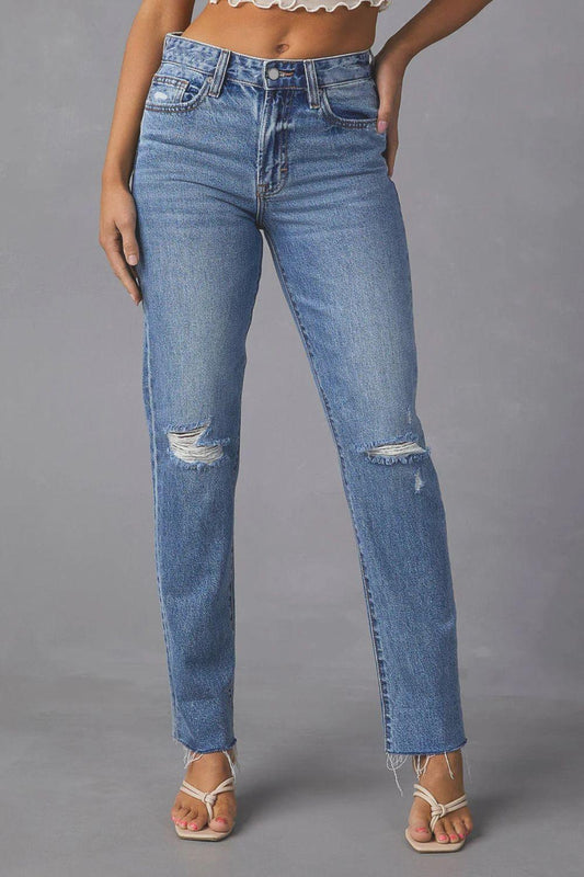 Distressed Raw Hem Straight Jeans with Pockets Carauana Store