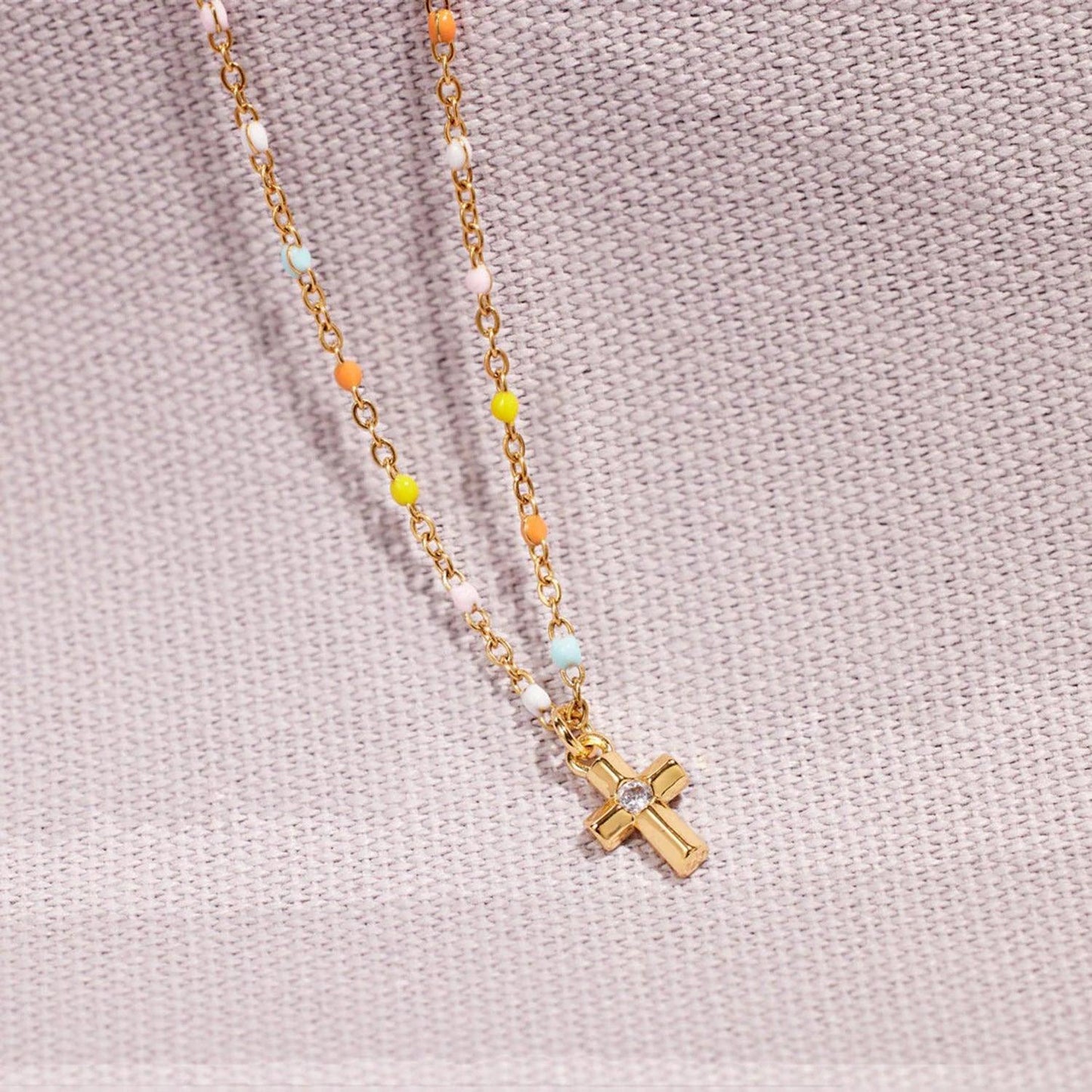 Inlaid Zircon 18K Gold-Plated Cross Bead Necklace Carauana Store