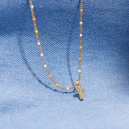 Inlaid Zircon 18K Gold-Plated Cross Bead Necklace Carauana Store