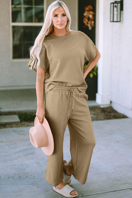 Double Take Full Size Texture Short Sleeve Top and Pants Set Carauana Store