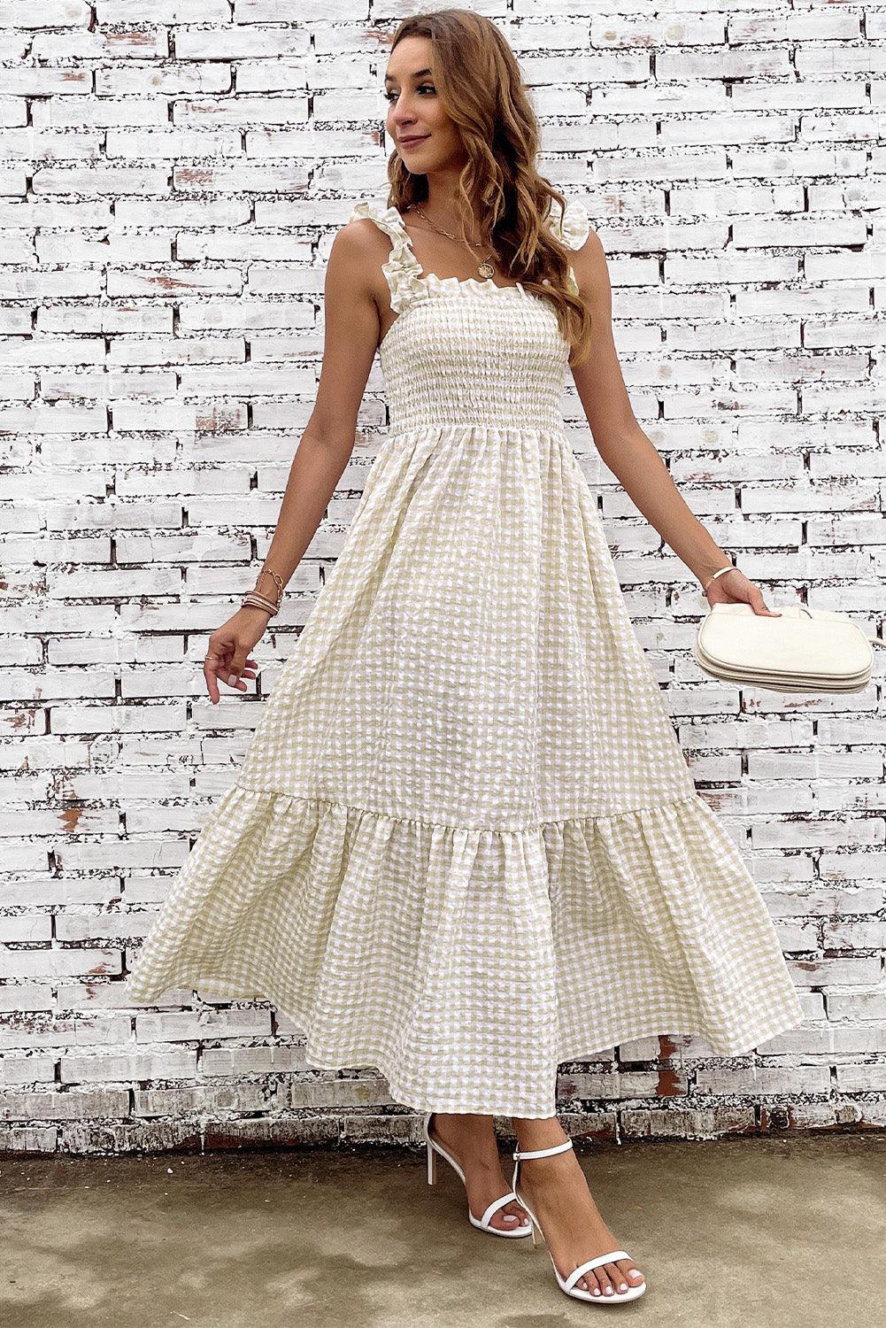 Plaid Ruffle Strap Square Neck Dress Carauana Store