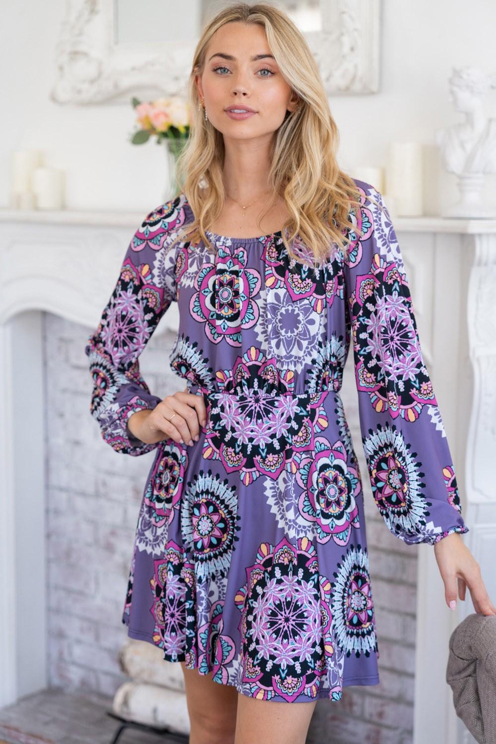 White Birch Printed Long Sleeve Mini Dress with Short Liner Carauana Store