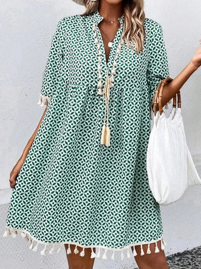 Tassel Printed Notched Half Sleeve Mini Dress Carauana Store