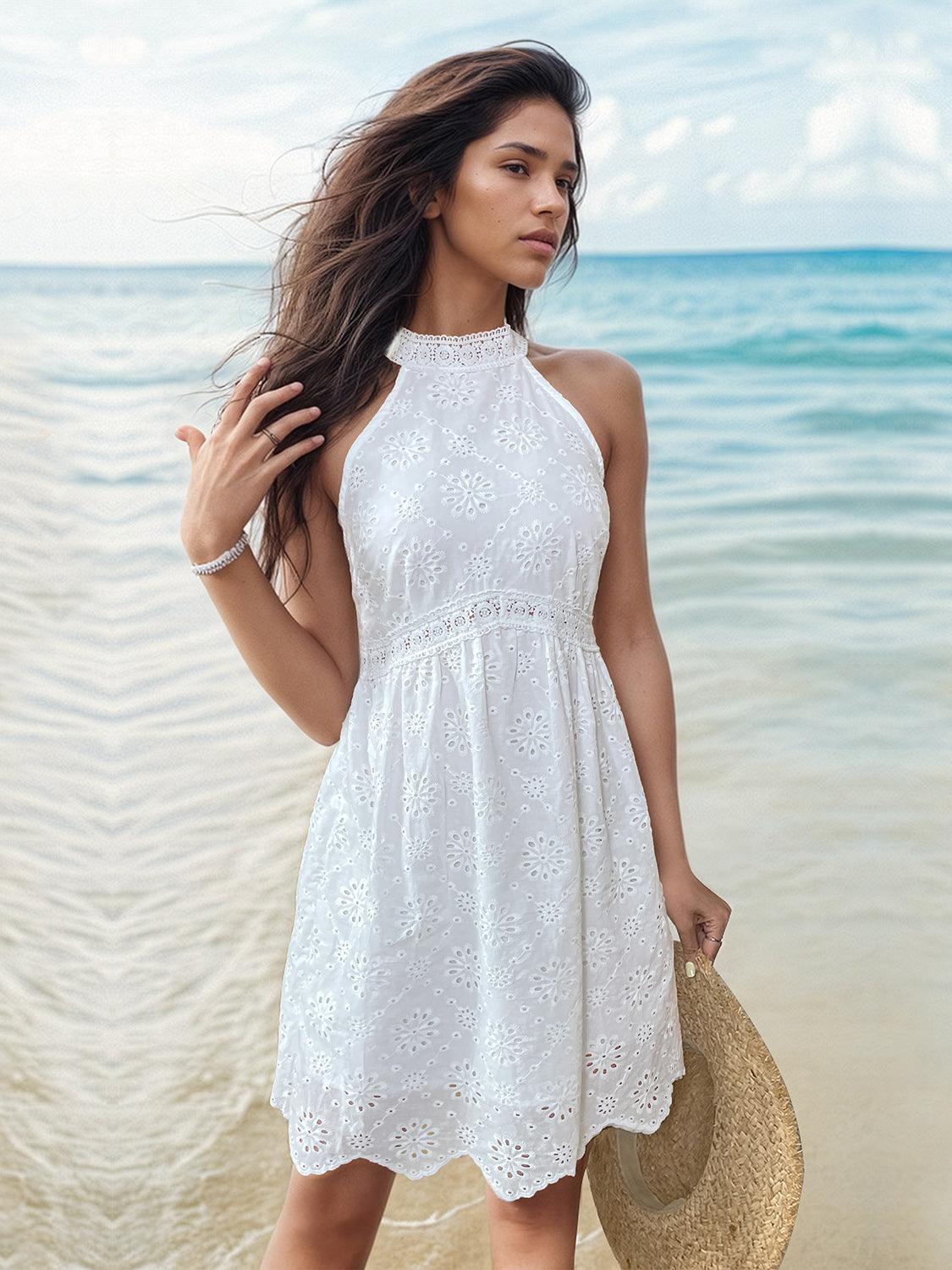 Eyelet Grecian Neck Mini Dress Carauana Store