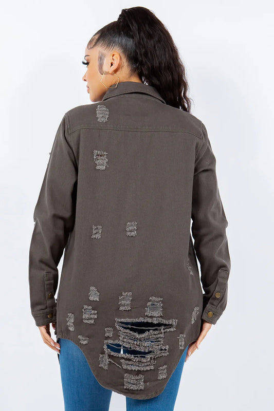 American Bazi Distressed Button Up Long Sleeve Denim Jacket Carauana Store