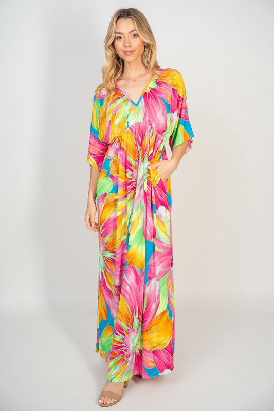 White Birch Printed V-Neck Maxi Dress with Pockets Carauana Store