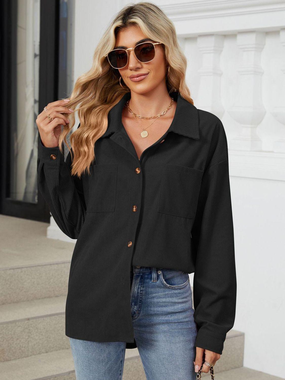 Button Up Dropped Shoulder Long Sleeve Outerwear Carauana Store