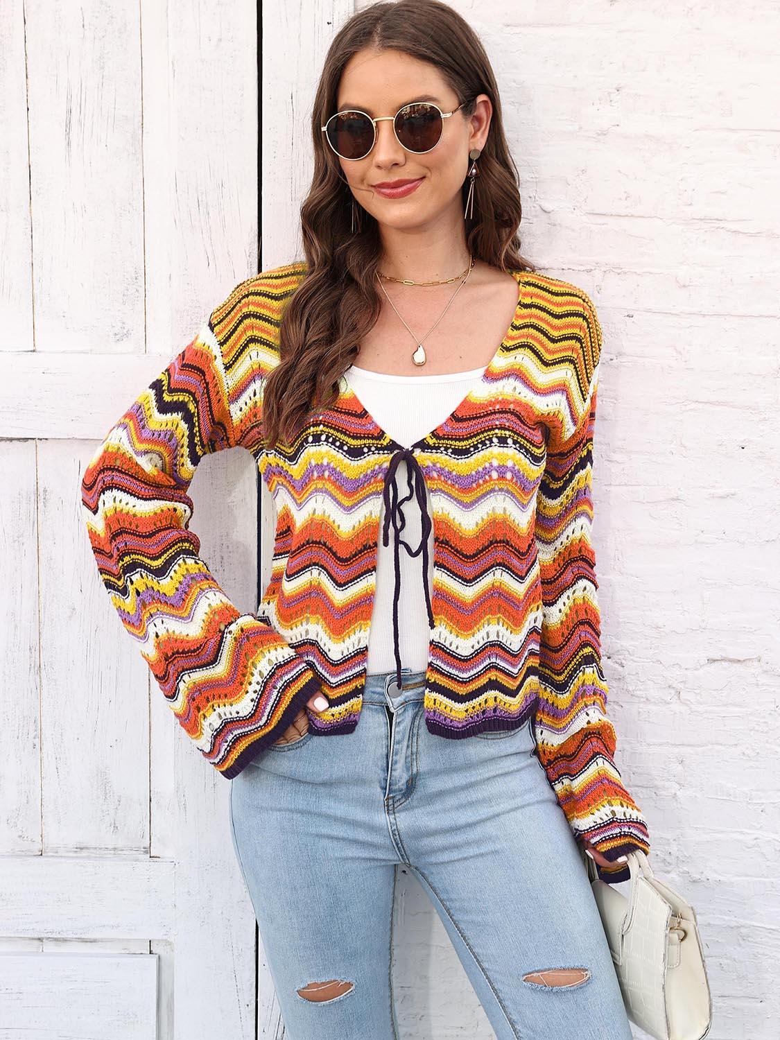 Striped Openwork Tied Cardigan Carauana Store