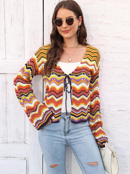 Striped Openwork Tied Cardigan Carauana Store