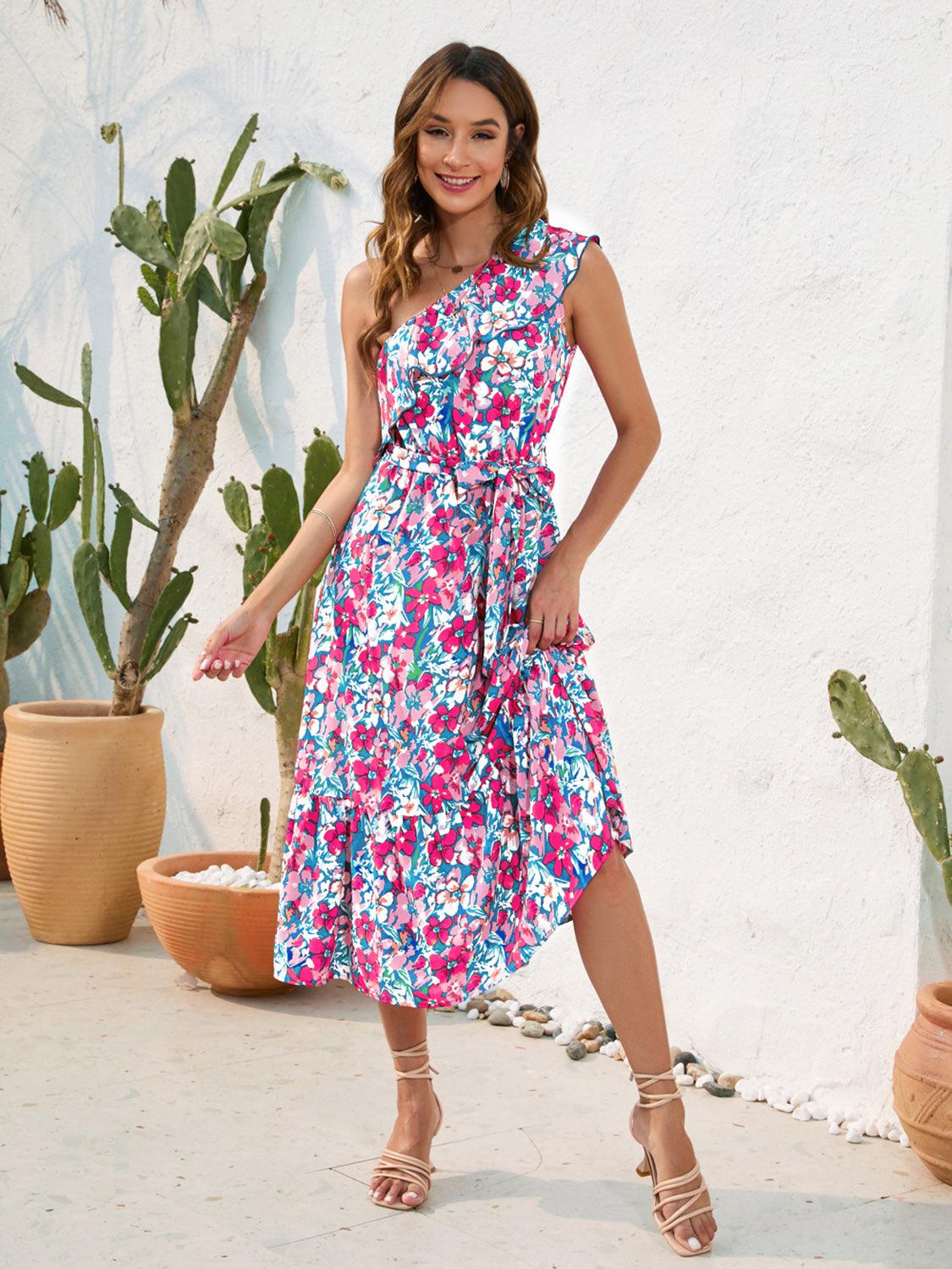 Ruffled Printed One Shoulder Midi Dress Carauana Store