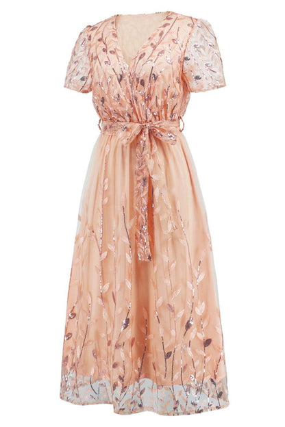 Sequin Leaf Embroidery Tie Front Short Sleeve Dress Carauana Store