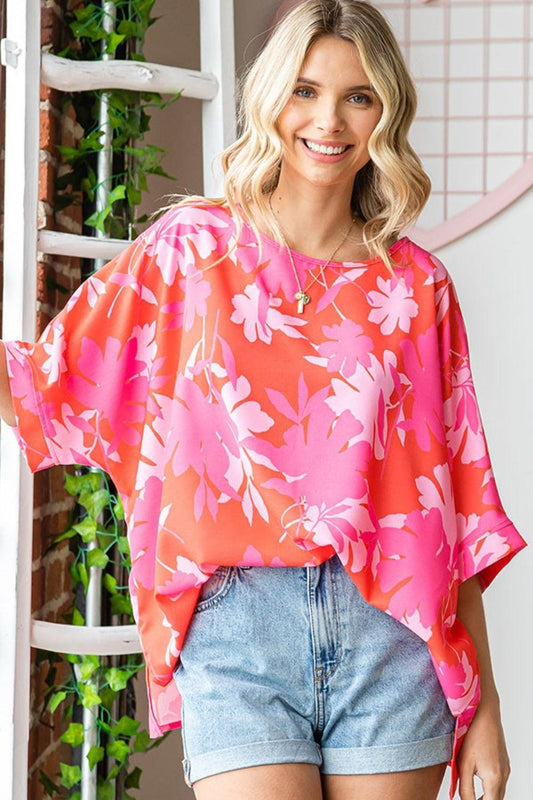 First Love Slit Printed Round Neck Half Sleeve Blouse Carauana Store
