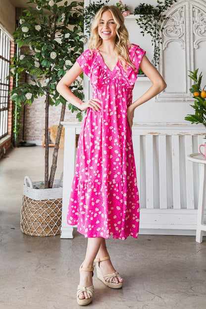 Reborn J Printed V-Neck Ruffle Trim Tiered Midi Dress Carauana Store