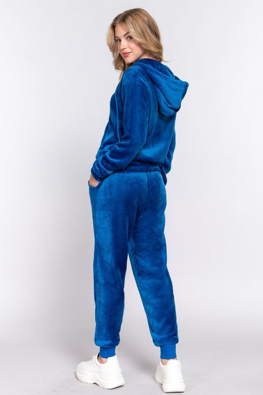 ACTIVE BASIC Faux Fur Zip Up Long Sleeve Hoodie and Joggers Set Carauana Store