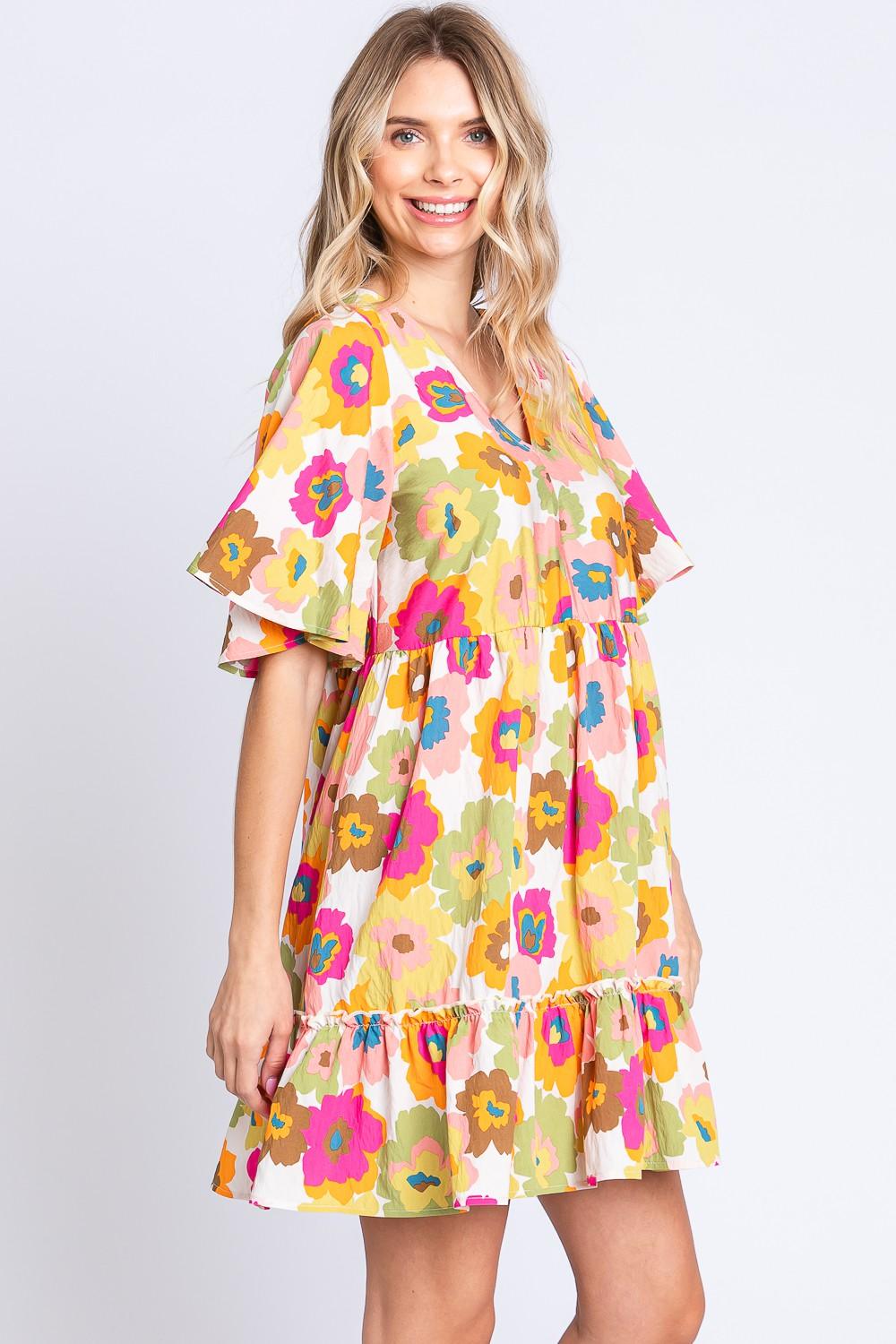 GeeGee Full Size Floral V-Neck Ruffle Trim Mini Dress Carauana Store
