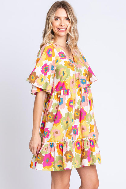 GeeGee Full Size Floral V-Neck Ruffle Trim Mini Dress Carauana Store