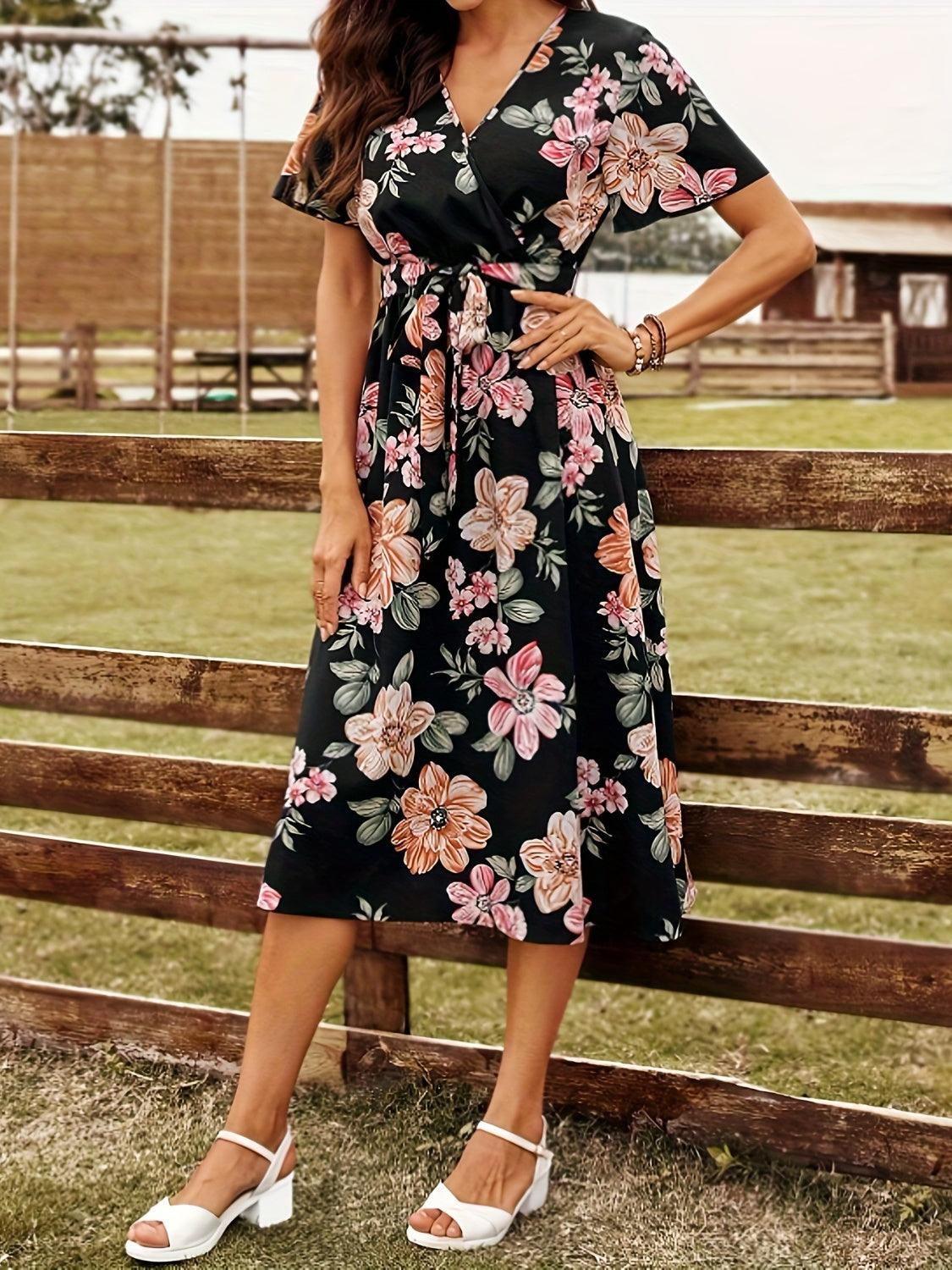 Tied Floral Surplice Short Sleeve Dress Carauana Store