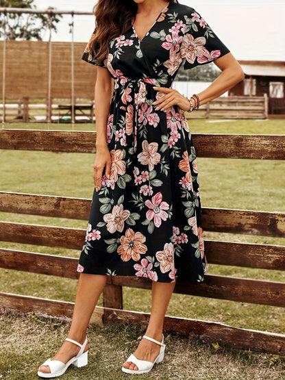 Tied Floral Surplice Short Sleeve Dress Carauana Store