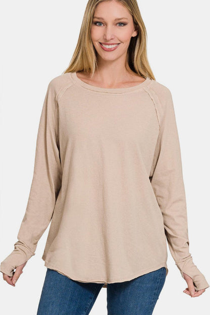 Zenana Round Neck Thumbhole Long Sleeve Top Carauana Store