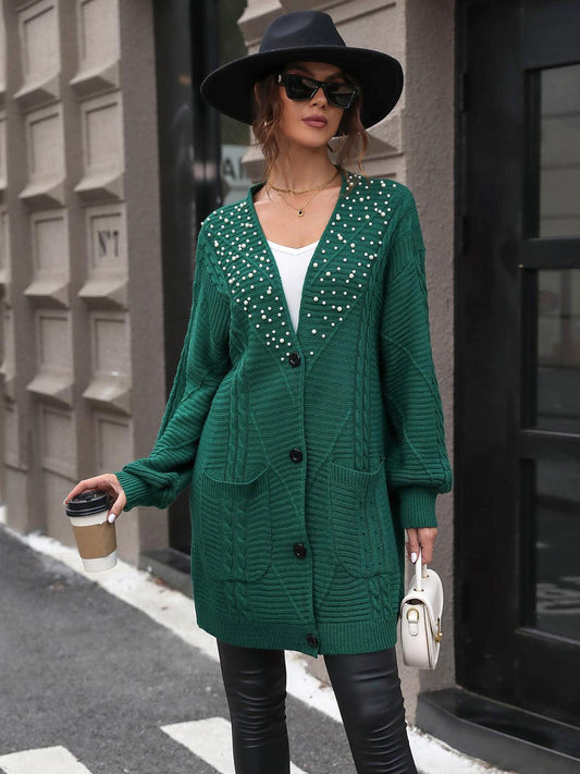 Perfee Pearl Detail Cable-Knit Button Up Cardigan Carauana Store