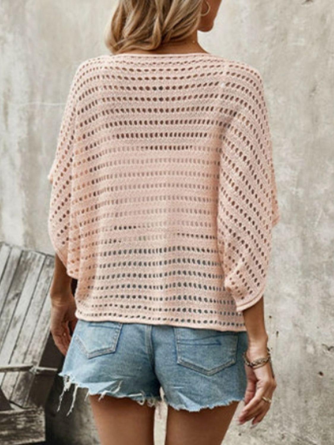 Double Take Openwork Half Sleeve Knit Cover Up Carauana Store