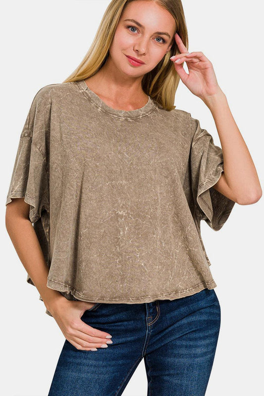 Zenana Washed Round Neck Drop Shoulder Cropped T-Shirt Carauana Store