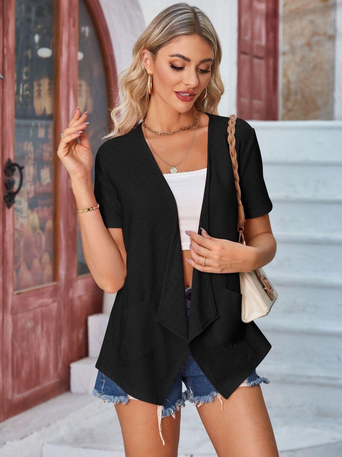 Eyelet Open Front Short Sleeve Cover Up Carauana Store