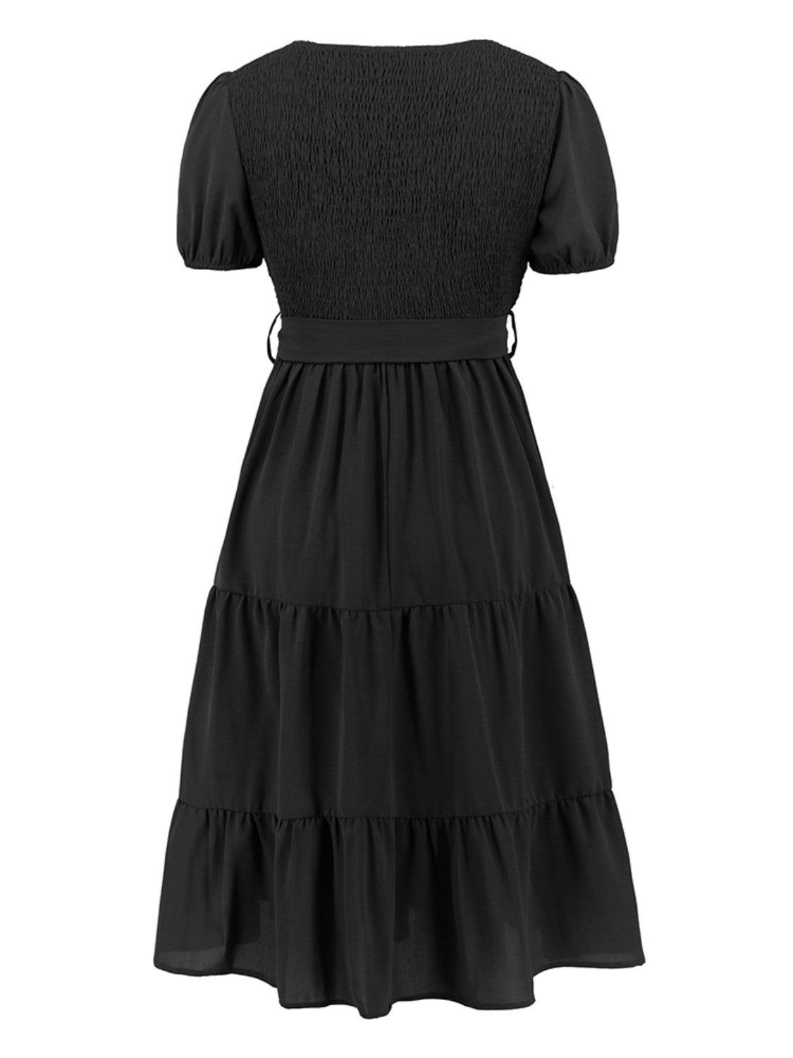 Smocked Tie Front Short Sleeve Tiered Dress Carauana Store