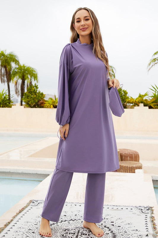 Cap, Drawstring Mock Neck Long Sleeve Top and Pants Swim Set Carauana Store