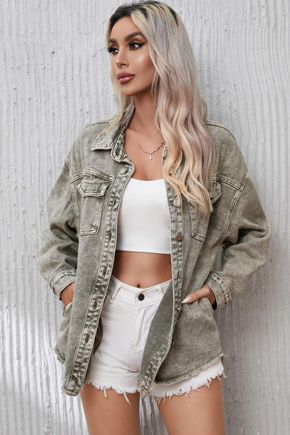 Button Up Pocketed Raw Hem Denim Jacket Carauana Store
