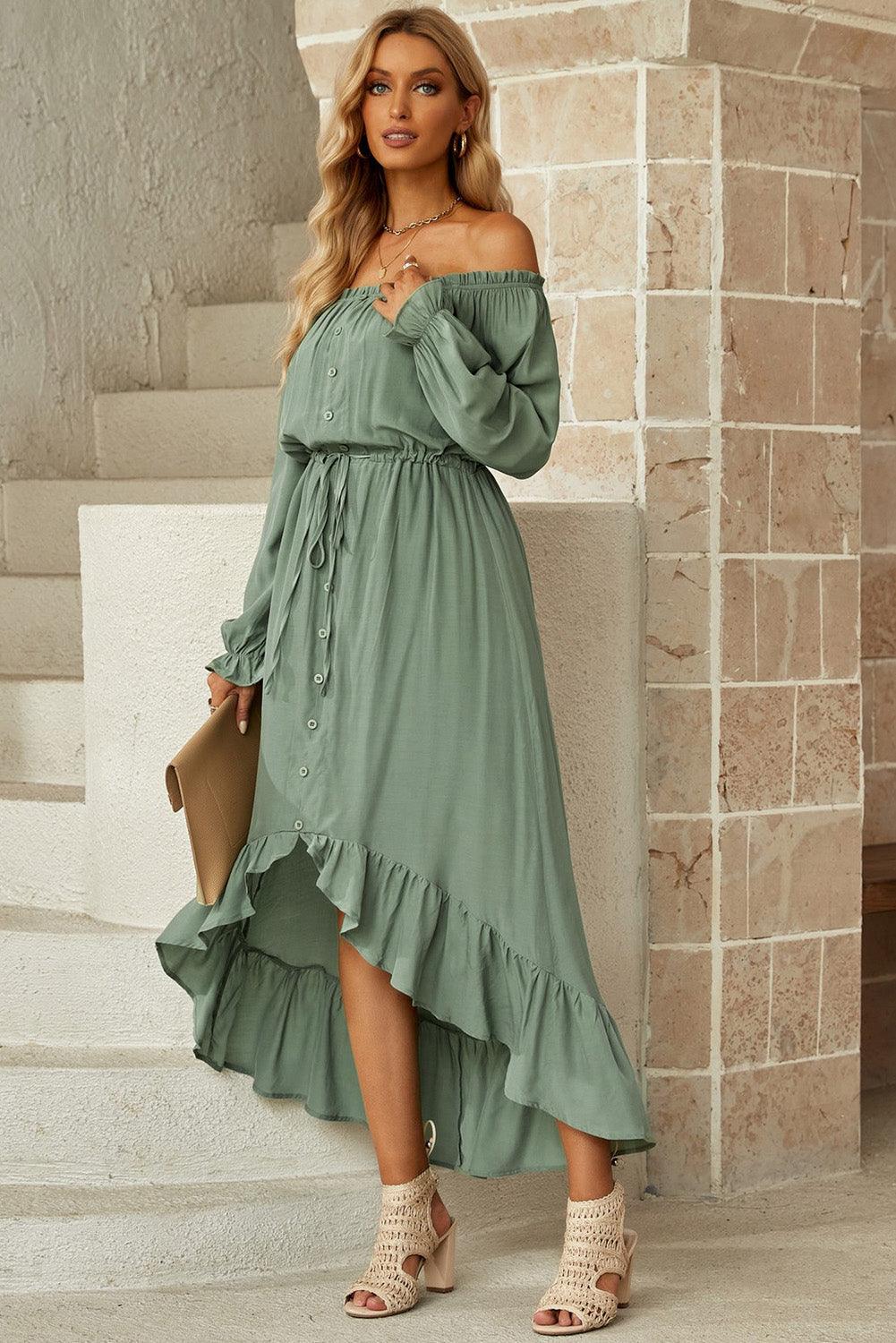 Drawstring Off-Shoulder Flounce Sleeve Dress Carauana Store