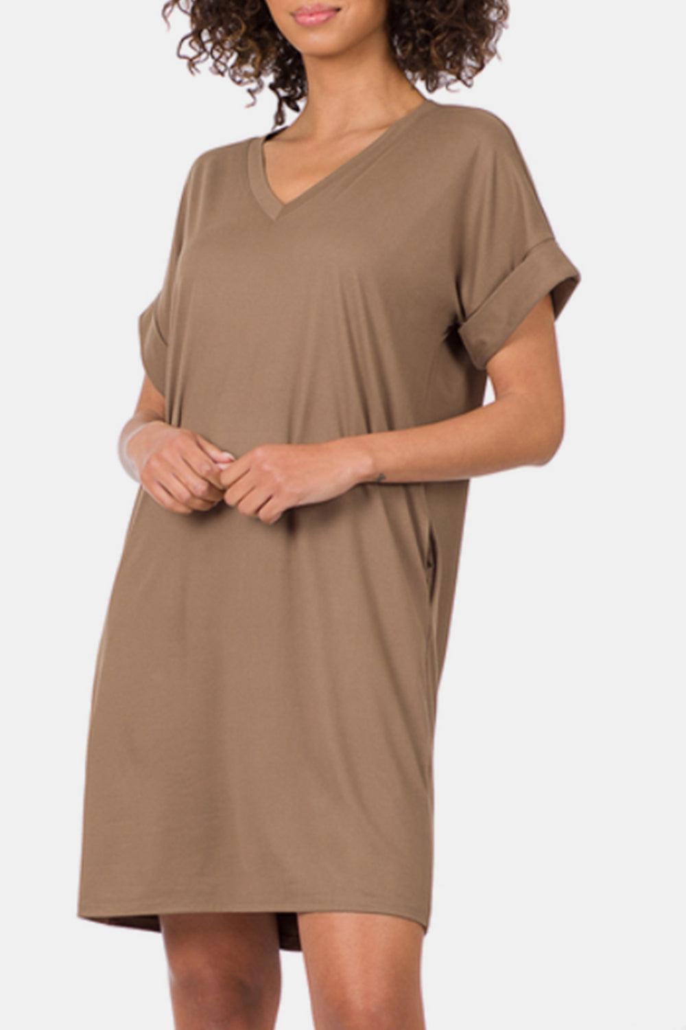 Zenana Rolled Short Sleeve V-Neck Dress Carauana Store
